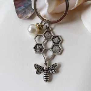4/$20 bumble bee honeycombe keychain keyring key chain ring pearl burlap pouch